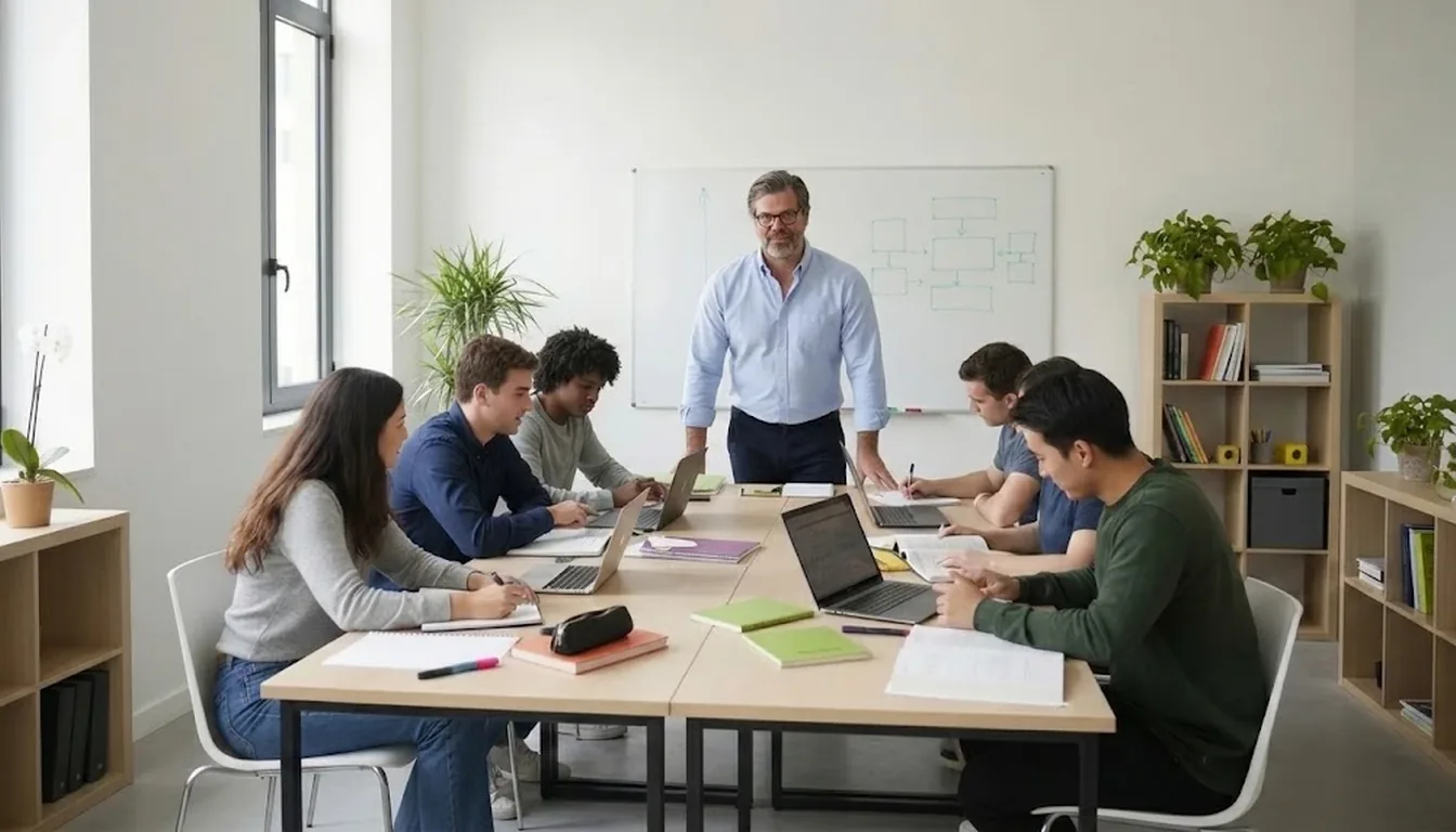 Students working at desks during a session